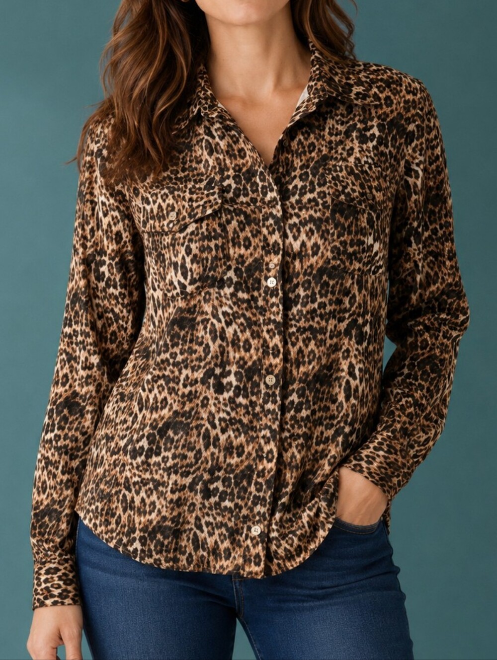 NOTATIONS Cheetah Print Button Down Long Sleeve Mobwife Shirt